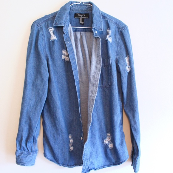 Distressed Denim Button Down Long Sleeve Shirt - Picture 3 of 6